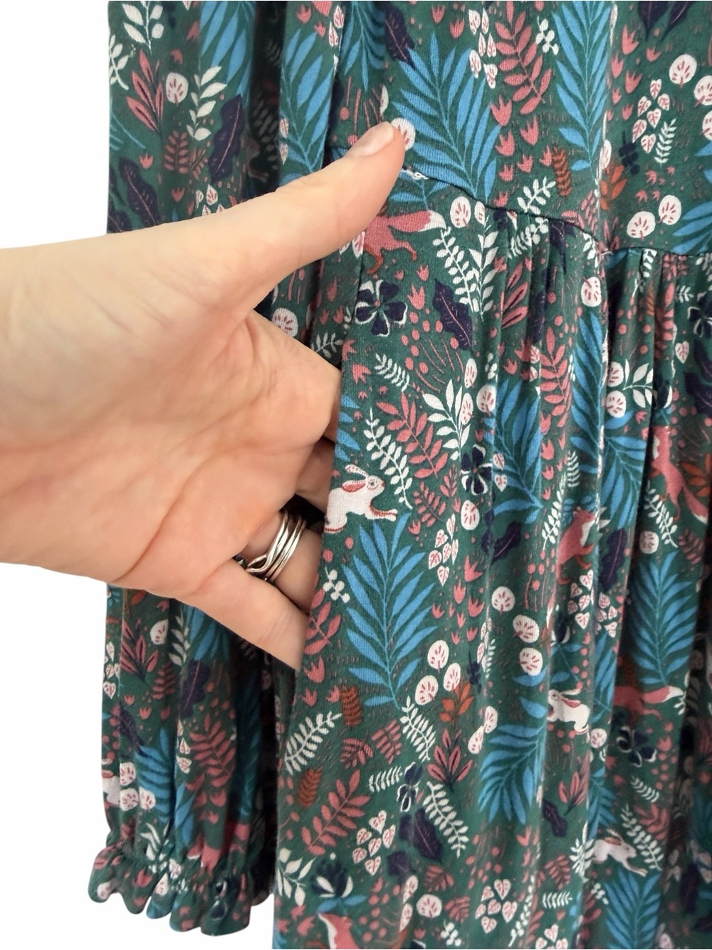 BODEN Woodland Frolic Green Floral Fox Bunny Print Long Sleeve Dress Sz 10 - Picture 6 of 10